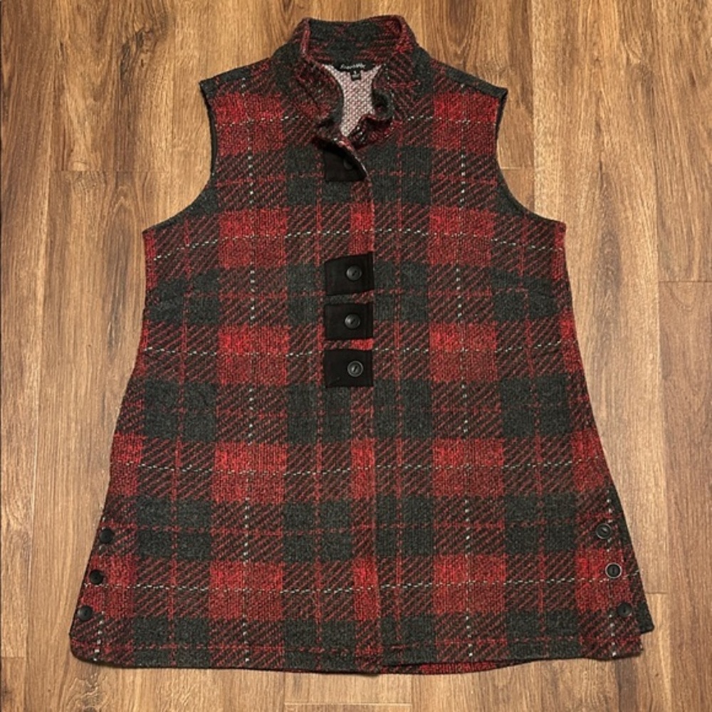 John Mark Black Gray Red Textured Knit Sleeveless Long Vest Top Pockets S Small